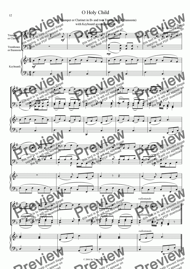 page one of Oh Holy Child for trumpet, 2 trombones and piano, or clarinet, 2 bassoons and piano