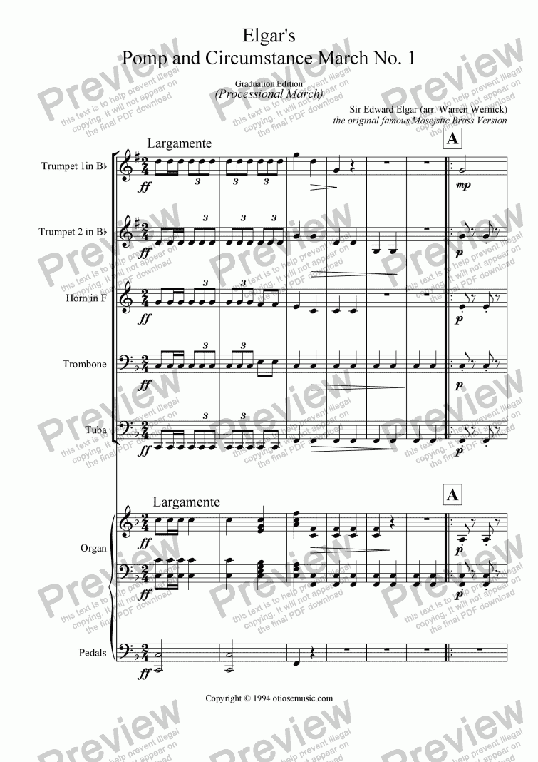 page one of Elgar’s Pomp and Circumstance March No. 1 for Brass Quintet and Organ