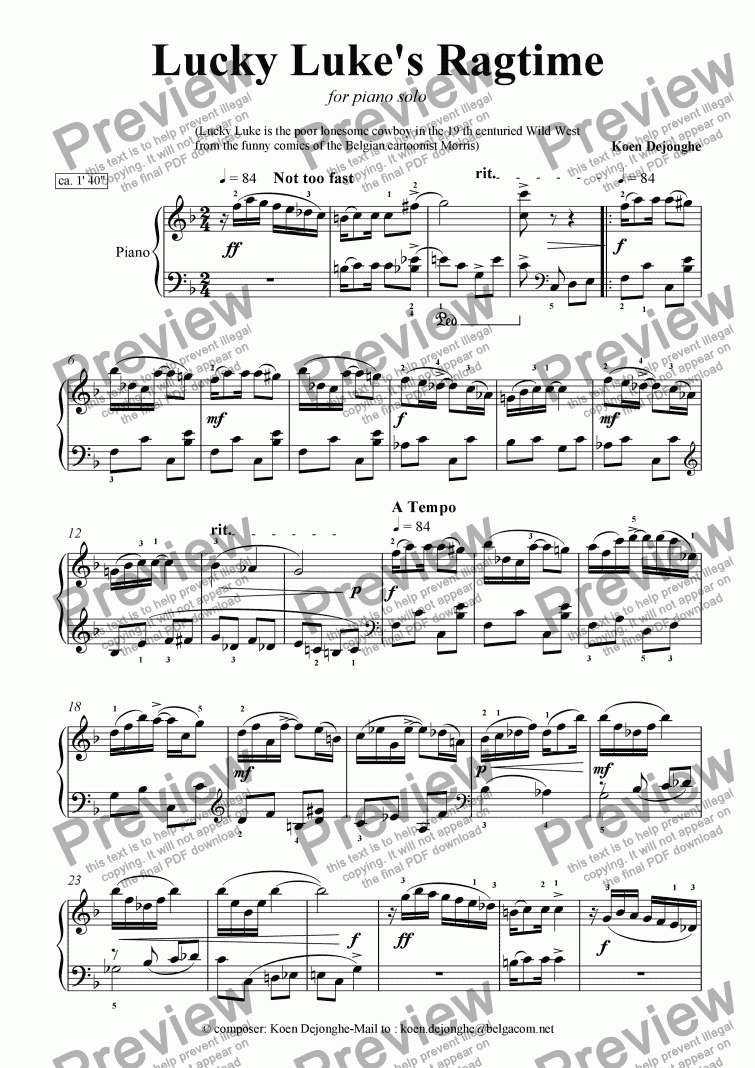 page one of "Lucky Luke’s Ragtime for piano"