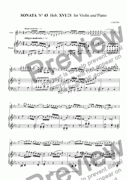 page one of SONATA  N° 43  Hob. XVI/28  for Violin and Piano