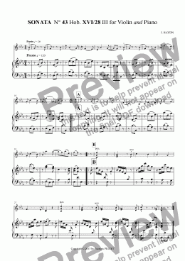 page one of SONATA  N° 43 Hob. XVI/28 III for Violin and Piano