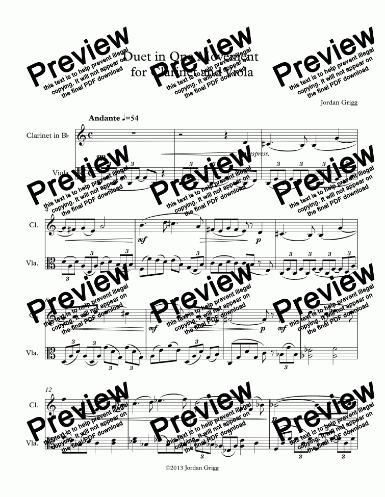 page one of Duet in One Movement  for Clarinet and Viola