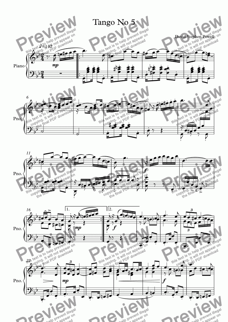 page one of Tango No 5 for solo piano
