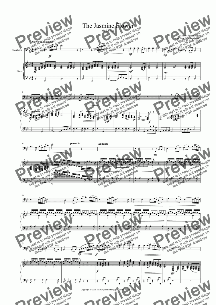 page one of Jasmine Flower (The) for C Trombone & Piano