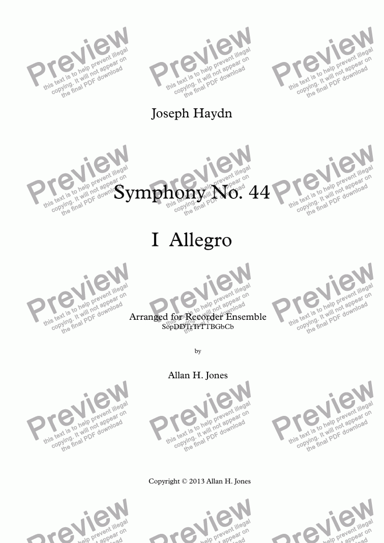 page one of Haydn Sym No. 44 I Allegro - Recorder