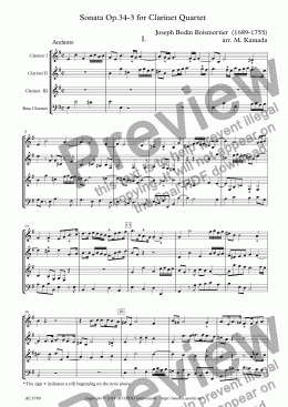 page one of Sonata Op.34-3 for Clarinet Quartet