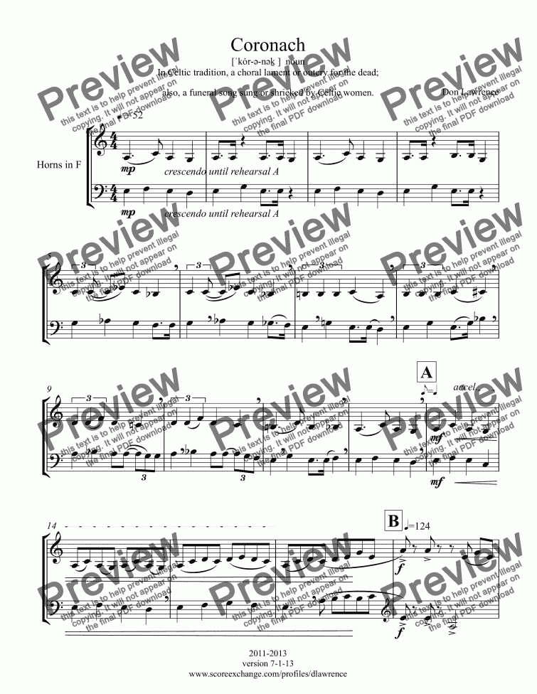 page one of Coronach (horn duet)
