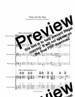 page one of Time for the Sun (arranged for recorder quartet and guitar)