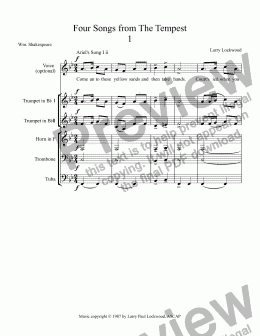 page one of Four Songs from The Tempest arr for brass quintet