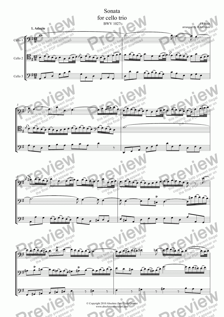 page one of Bach - SONATA - for cello trio