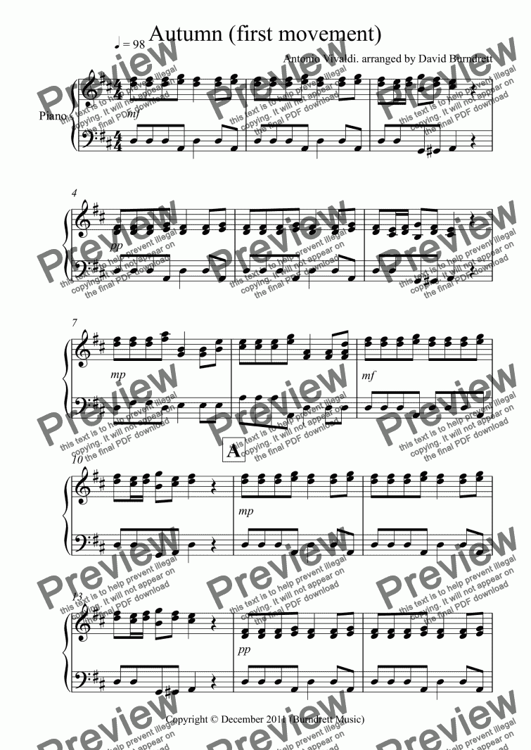 page one of Autumn "four seasons" for Easy Piano Solo