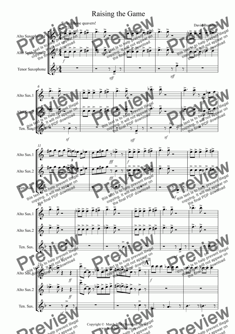 page one of Raising the Game (jazzy style) for Saxophone Trio