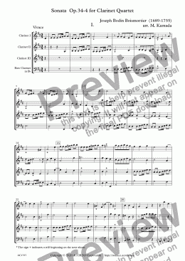 page one of Sonata  Op.34-4 for Clarinet Quartet