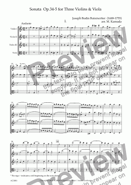 page one of Sonata  Op.34-5 for Three Violins & Viola