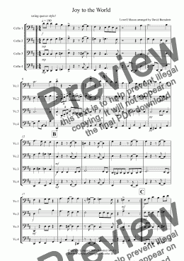 page one of Joy to the World (Jazzy Style!) for Cello Quartet