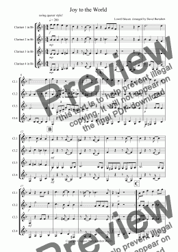 page one of Joy to the World (Jazzy Style!) for Clarinet Quartet