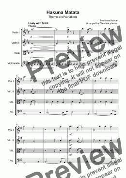 page one of Hakuna Matata - Theme & Variations -Easy String Quartet