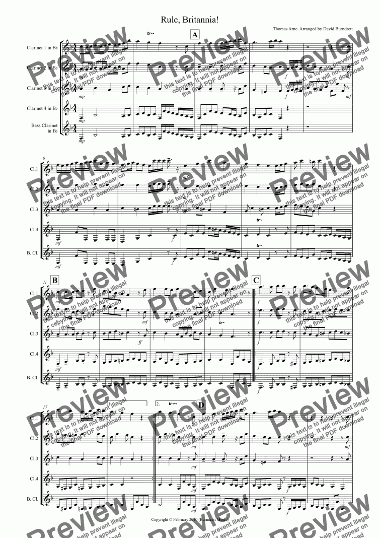 page one of Rule, Britannia! for Clarinet Quintet