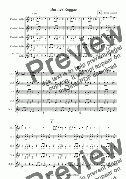 page one of Burnie’s Reggae for Clarinet Quintet
