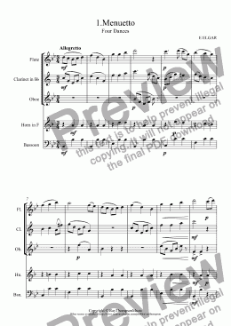 page one of Elgar: Four Dances: 1.Menuetto: written for a quintet of 2 flutes,oboe,clarinet and bassoon (arranged wind quintet)
