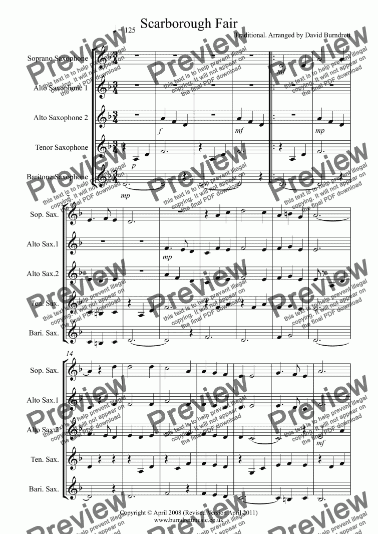 page one of Scarborough Fair for Saxophone Quintet
