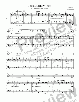 page one of I Will Magnify the Lord (CORFE) 18th C. melody arr. for Solo Violin with Piano accompaniment, arr. by Pamela Webb Tubbs