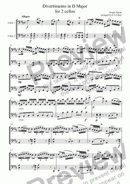 page one of Haydn - DIVERTIMENTO in D Major - for 2 cellos