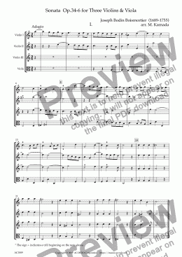 page one of Sonata  Op.34-6 for Three Violins & Viola