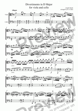 page one of Haydn  - DIVERTIMENTO in D Major - for viola and cello
