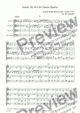 page one of Sonata  Op.34-6 for Clarinet Quartet