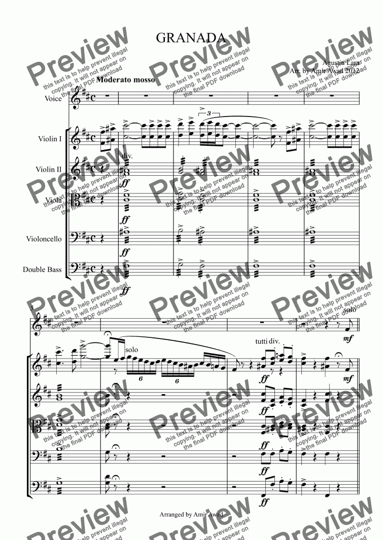 page one of GRANADA for Tenor and string Orchestra