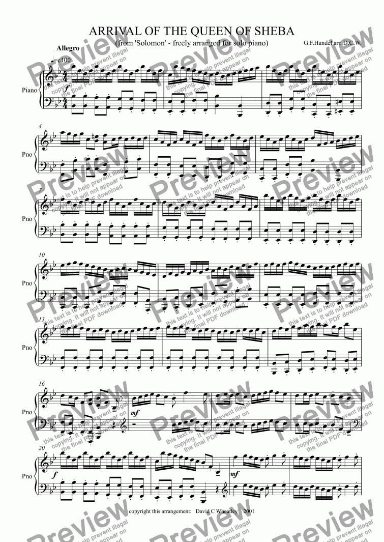 page one of Handel - Arrival of the Queen of Sheba for piano solo