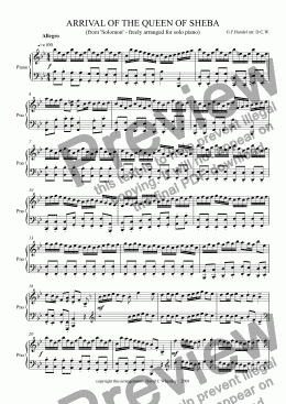page one of Handel - Arrival of the Queen of Sheba for piano solo