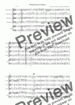 page one of Prelude from Te Deum for Recorder Quartet
