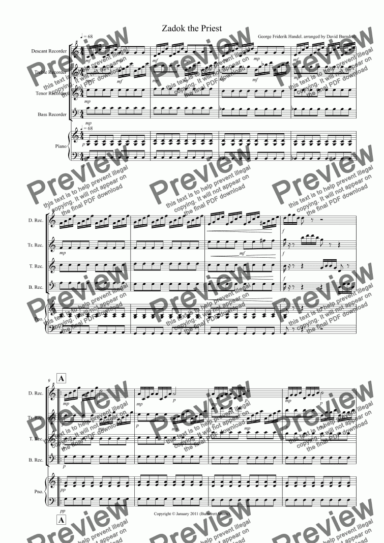page one of Zadok the Priest for Recorder Quartet