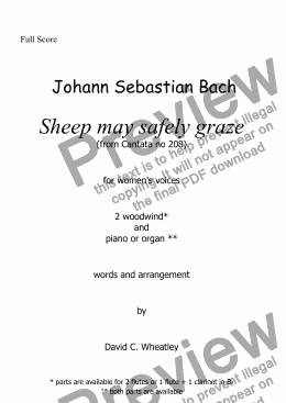 page one of Bach - Sheep may safely graze for womens voices (SSA + keyboard + ww)