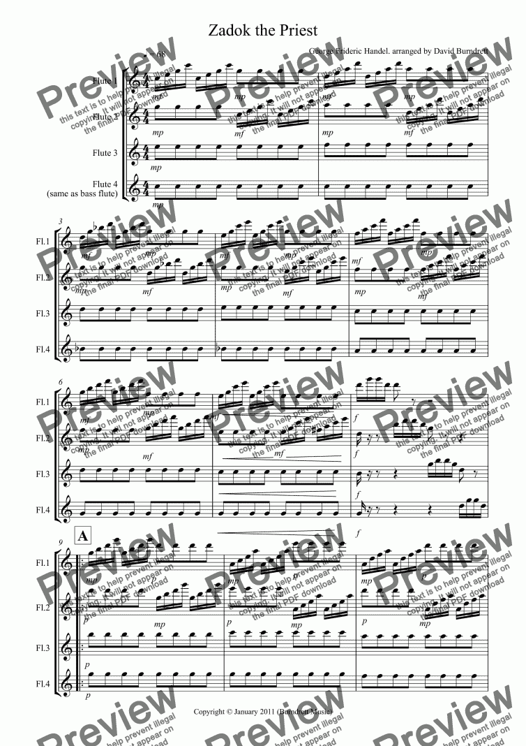 page one of Zadok the Priest for Flute Quartet