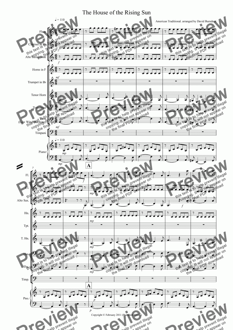 page one of House of the Rising Sun for School Concert Band
