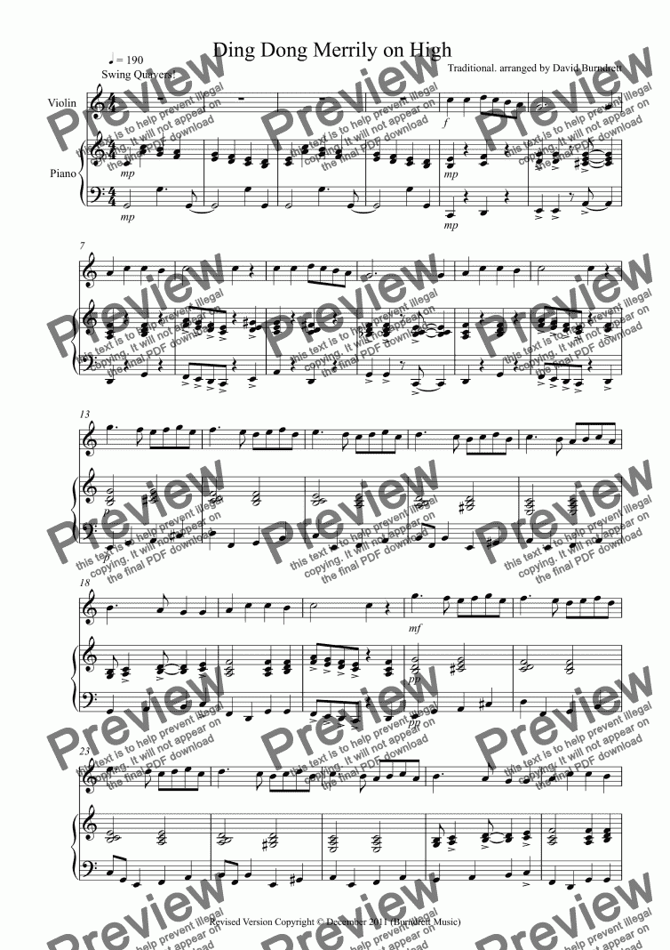page one of Ding Dong Merrily on High (Jazzy Style!) for Violin and Piano