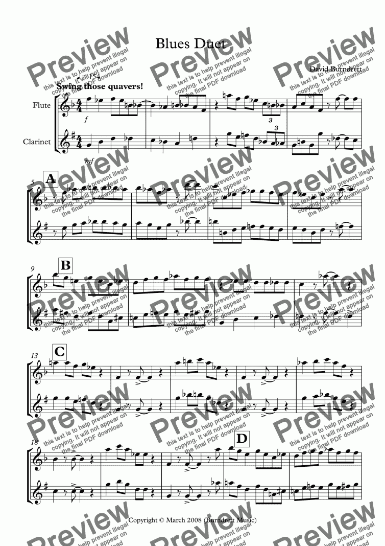 page one of Blues Duet for Flute and Clarinet