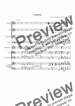 page one of Gaudete - SATB Christmas Carol Choral Choir w/ viola cello recorder drum acc