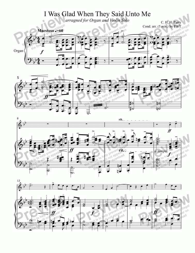 page one of I Was Glad When They Said Unto Me (C. H. H. PARRY), truncated version for Solo Violin with Organ accompaniment, arr. by Pamela Webb Tubbs
