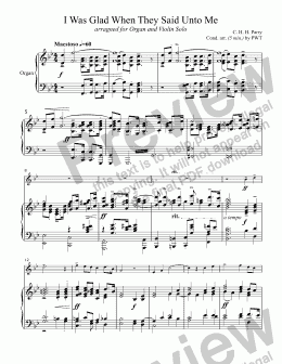 page one of I Was Glad When They Said Unto Me (C. H. H. PARRY), truncated version for Solo Violin with Organ accompaniment, arr. by Pamela Webb Tubbs