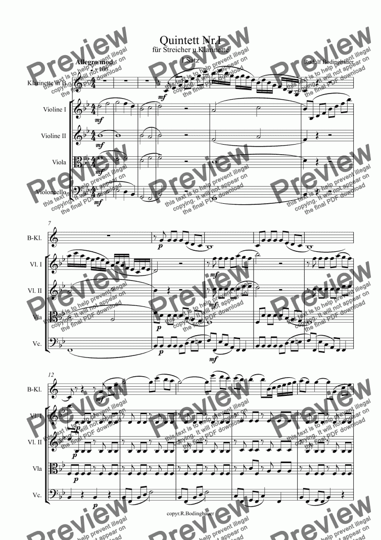 page one of Quintett Nr.I f.Streicher und Klarinette  2.Satz