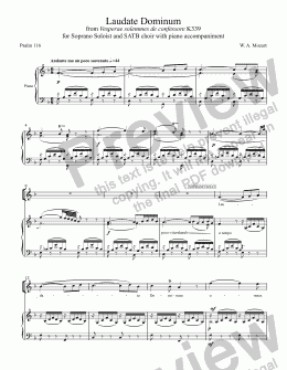 page one of Laudate Dominum (MOZART), K339 for Soprano Solo with SATB choir and piano accompaniment, arr. by Pamela Webb Tubbs