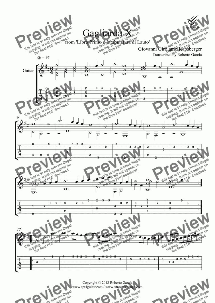 page one of Gagliarda X for solo guitar