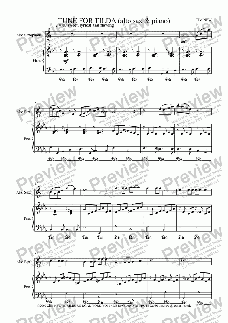 page one of TUNE FOR TILDA (alto sax & piano)