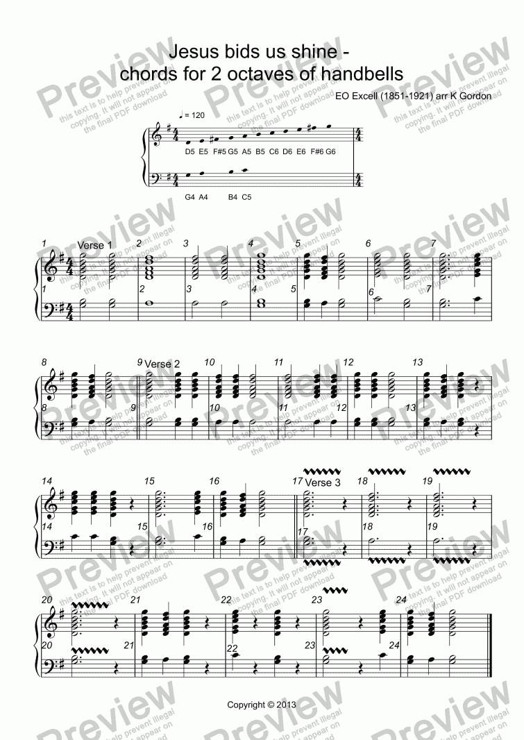 page one of Jesus bids us shine -  chords for 2 octaves of handbells