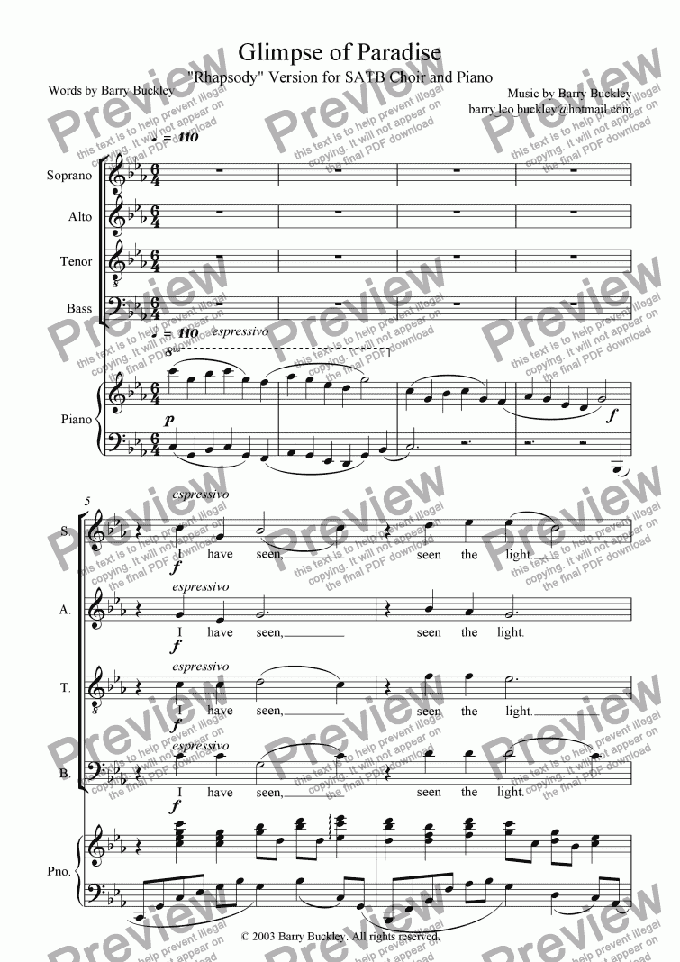 page one of Glimpse of Paradise: "Rhapsody" Version for SATB Choir and Piano