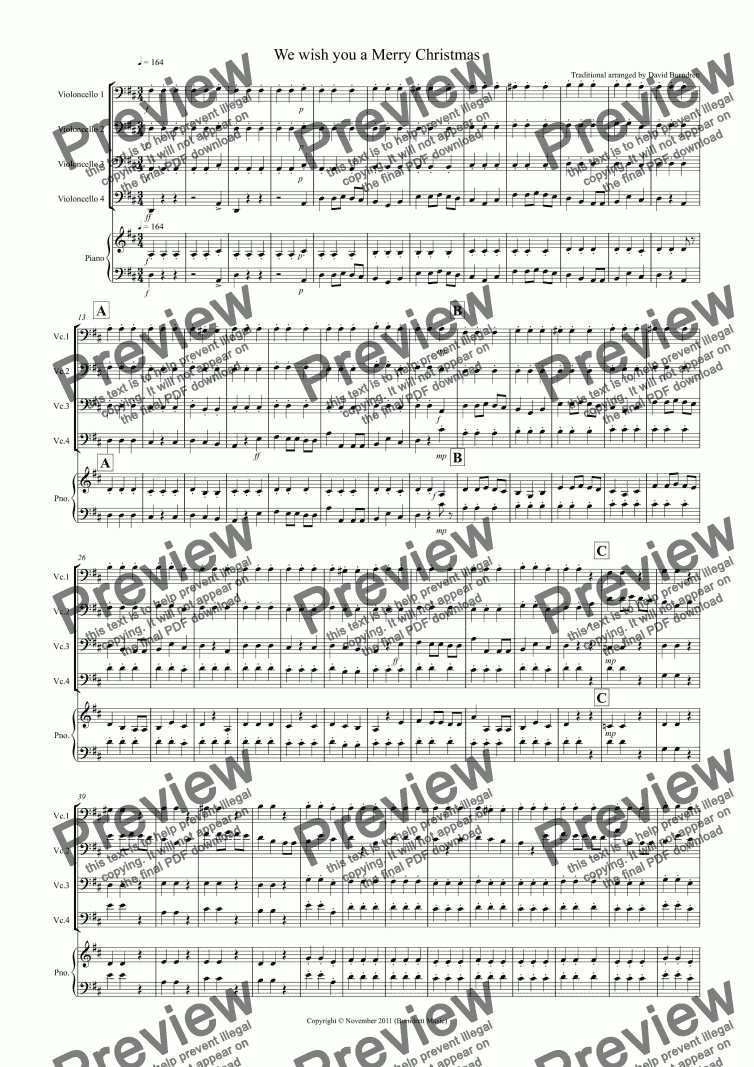 page one of We wish you a Merry Christmas for Cello Quartet